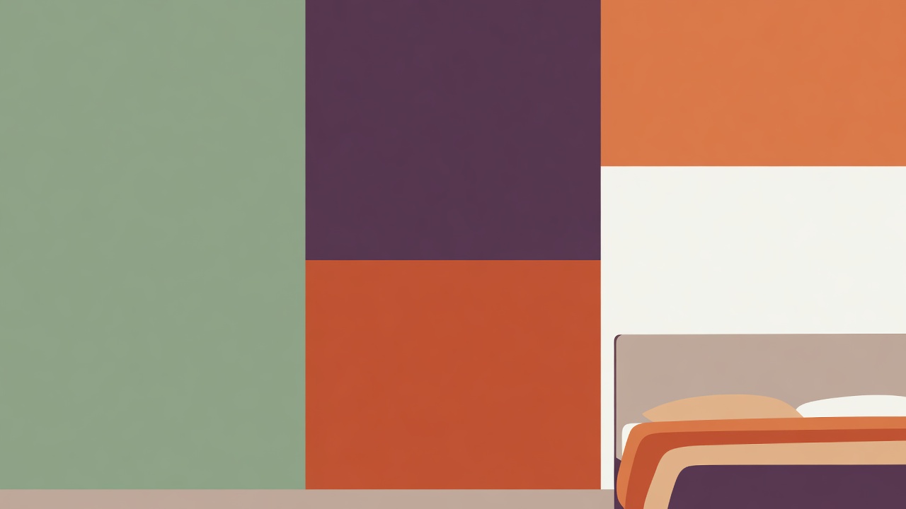 Flat vector illustration of a bedroom wall with large painted color swatches in sage, plum, terracotta and warm white beside a bed