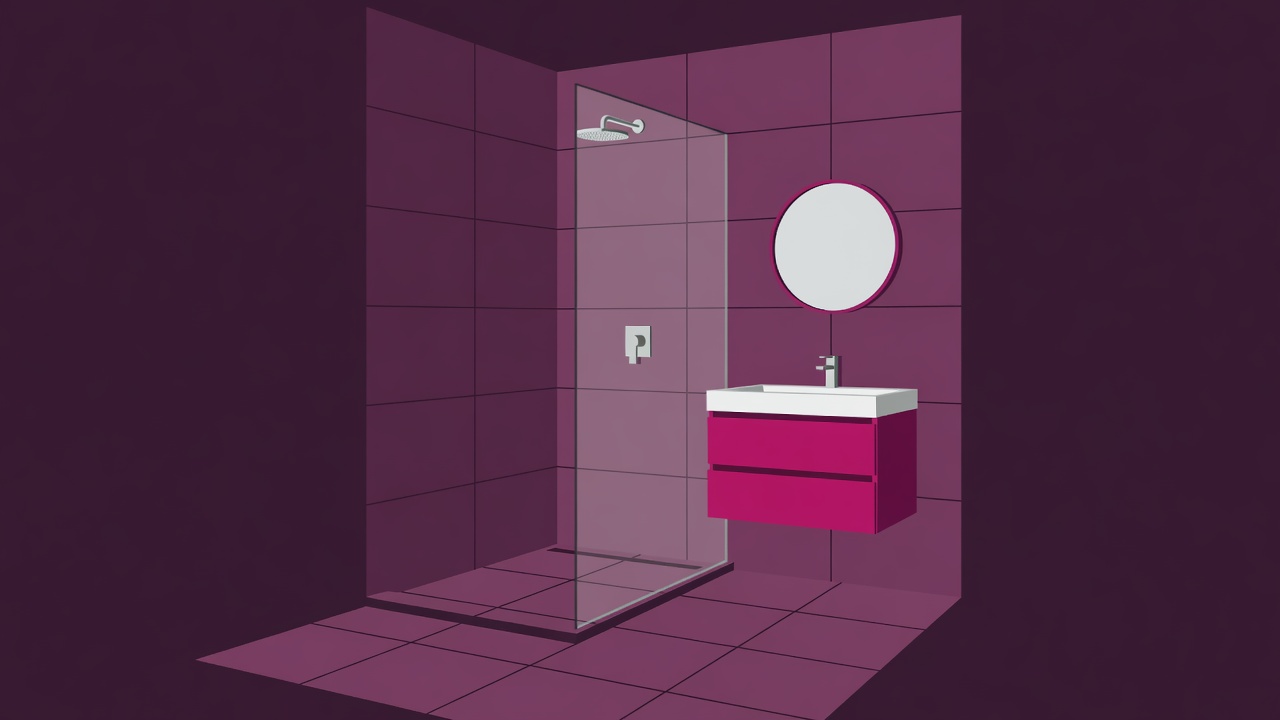 Flat vector illustration of a curbless walk-in shower with a glass panel, large-format tiles and a wall-hung vanity in plum and magenta