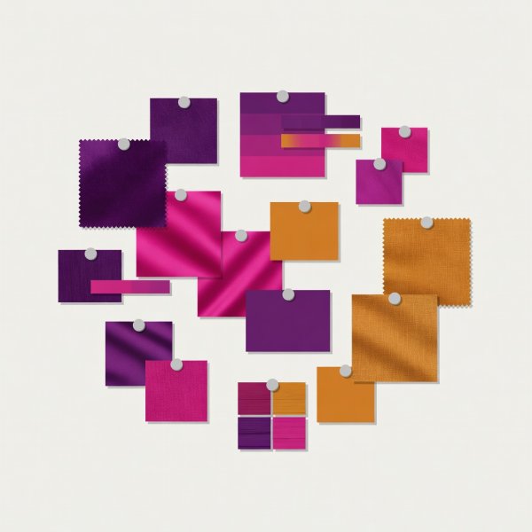 Flat vector illustration of a design moodboard pinned with fabric swatches, paint chips and floor samples in violet, magenta and amber