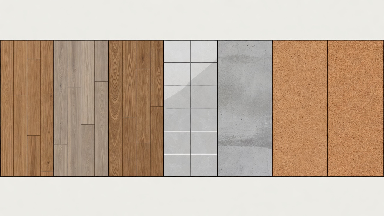 Flat vector illustration of seven flooring samples side by side: oak planks, vinyl plank, laminate, porcelain tile, concrete and cork