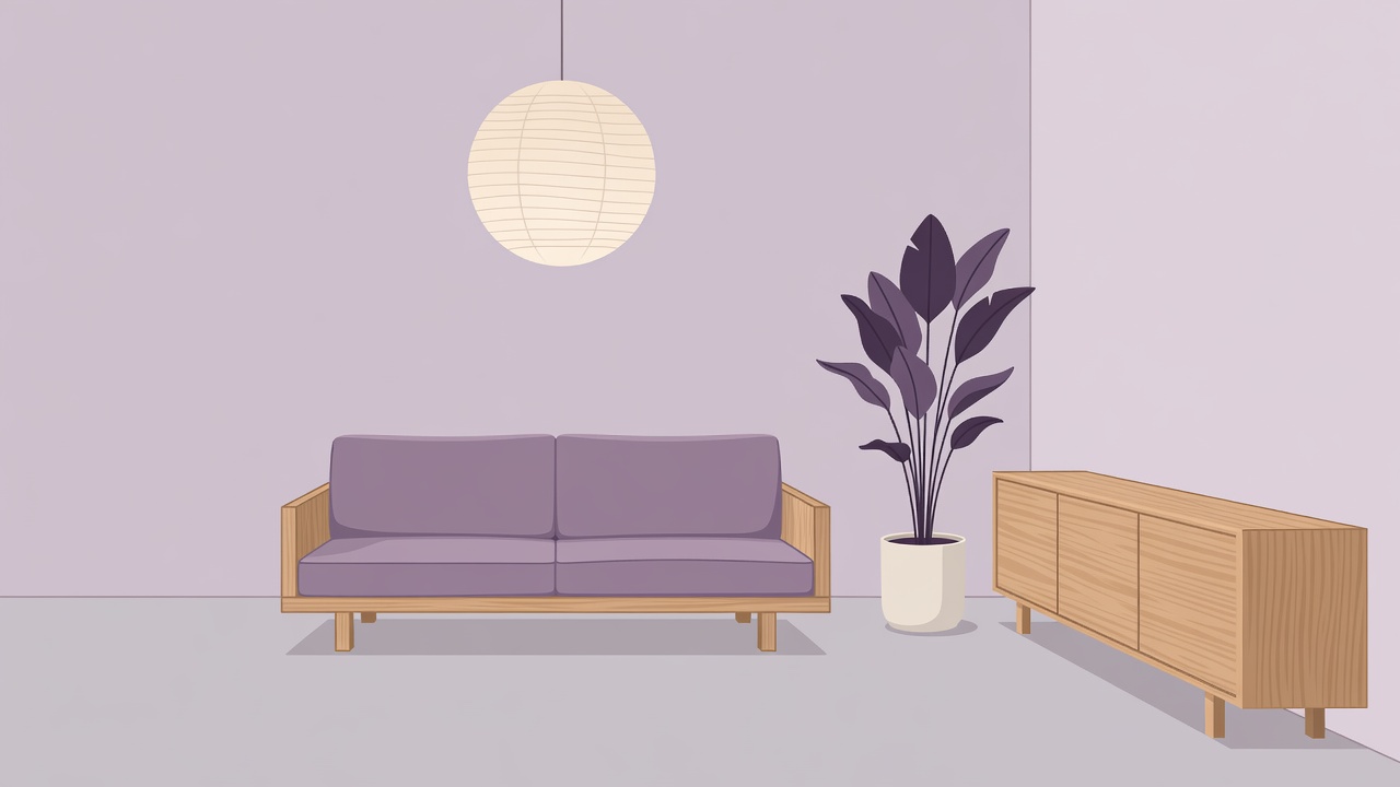 Flat vector illustration of a Japandi living room with a low sofa, paper pendant lamp, oak sideboard and potted plant in muted violet tones