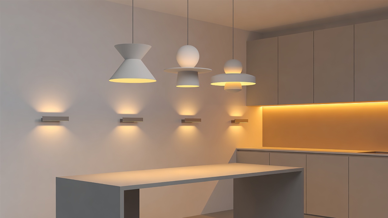 Flat vector illustration of layered lighting in a dining area with sculptural pendants, wall sconces and under-cabinet LED strips glowing amber