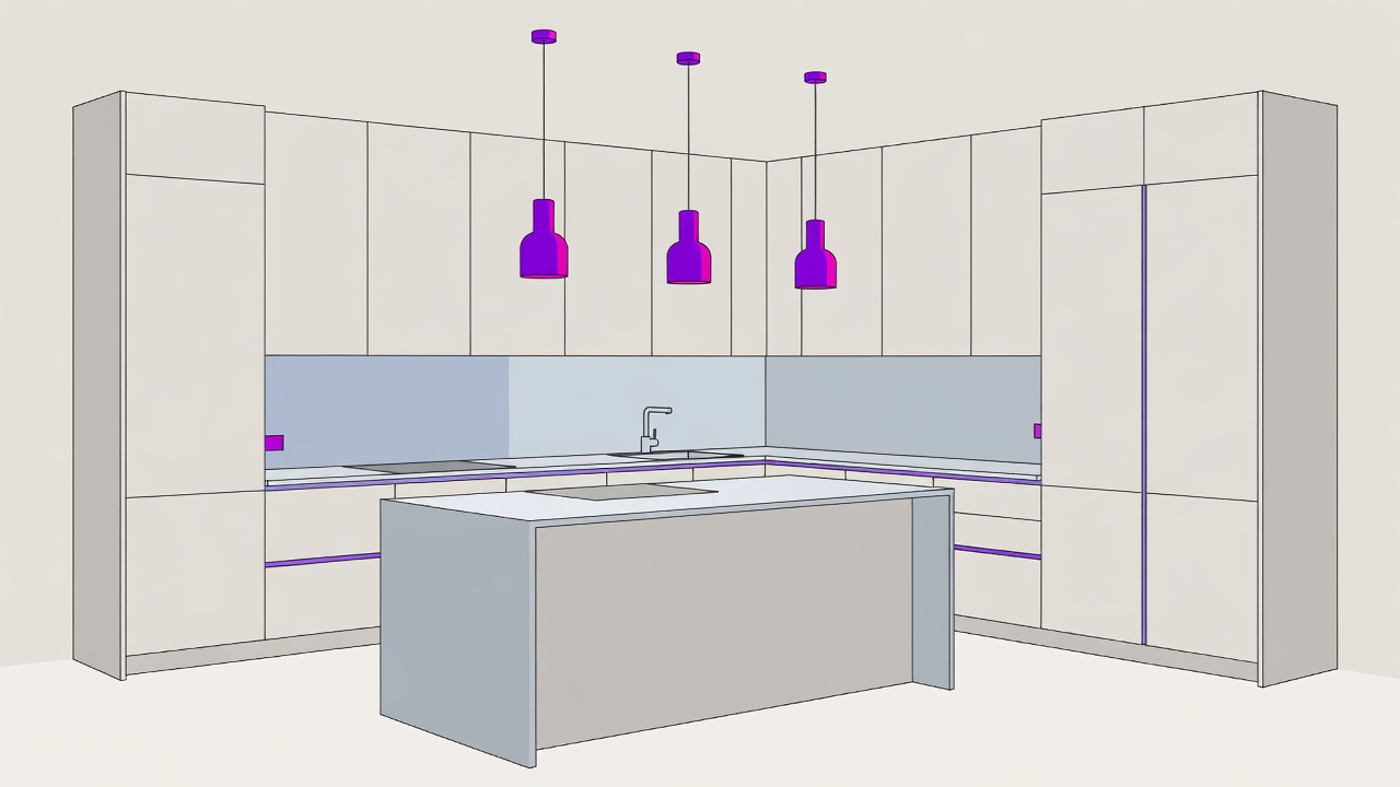 Flat vector illustration of a modern L-shaped kitchen with a central island, handleless cabinets and pendant lights in violet and magenta