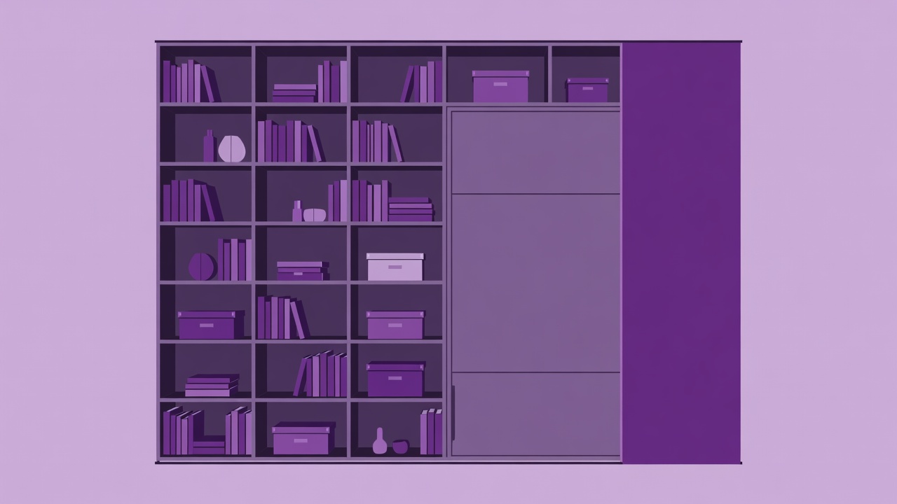 Flat vector illustration of a small studio with floor-to-ceiling shelving, a wall bed folded away and a sliding pocket door in purple tones